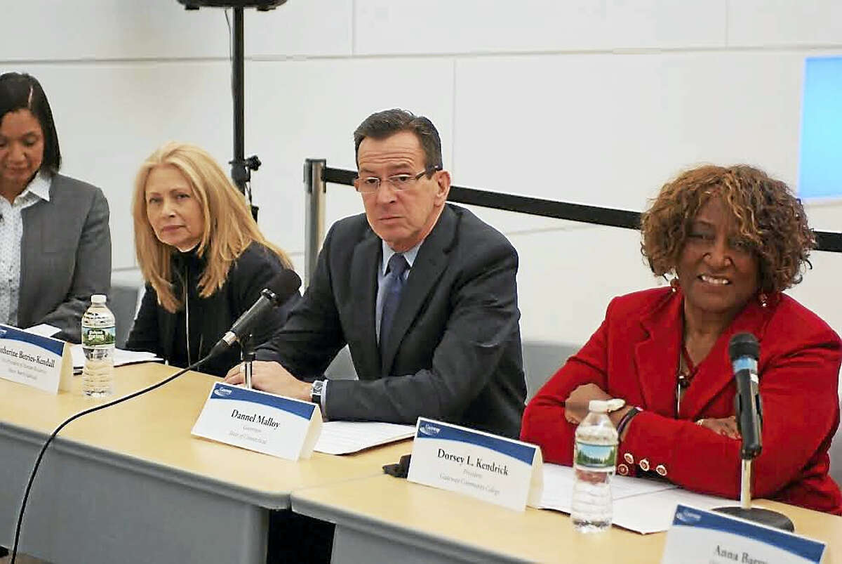 Left to right, Vice President of Human Resources, MTA Metro-North Katherine Betries-Kendall, Gov. Dannel P. Malloy, GCC President Dr. Dorsey L. Kendrick