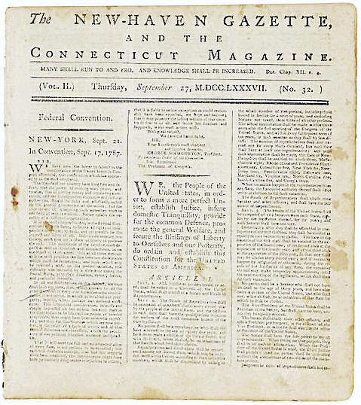 Historic New Haven newspaper printing of U.S. Constitution up for auction