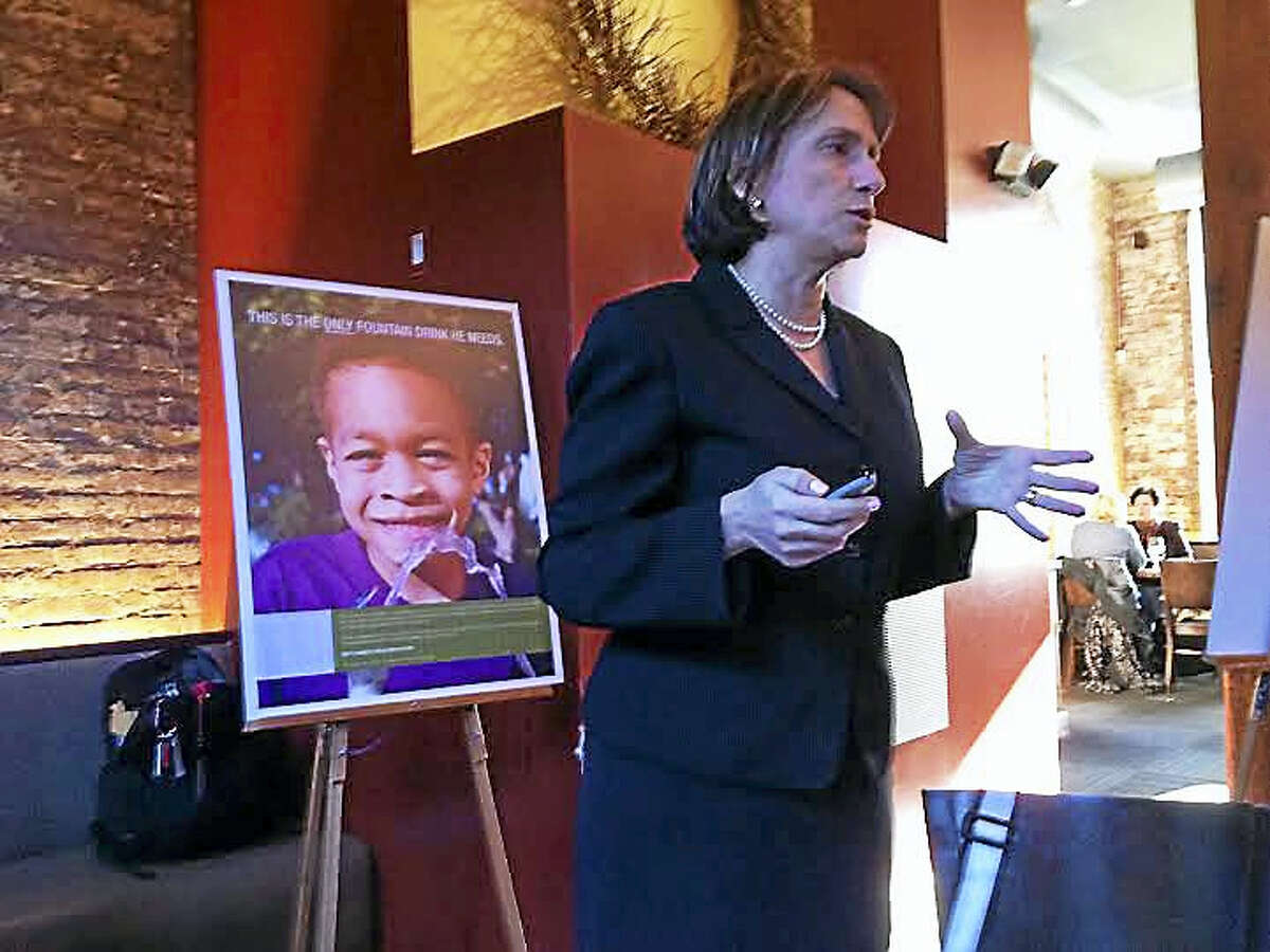 Marlene Schwartz, director of the UConn Rudd Center for Food Policy and Obesity, addresses media at a lunch roundtable event Wednesday.