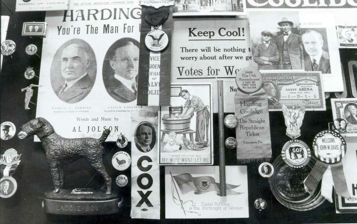 In this 1989 photo, a montage of memorabilia from past political campaigns past is laid out to dry in the rare book room of the University of Hartford’s Museum of American Political Life in Hartford, Conn. J. Doyle DeWitt, president of The Travelers Insurance Company in the 1950’s, donated thousands of items from his personal collection to the university.