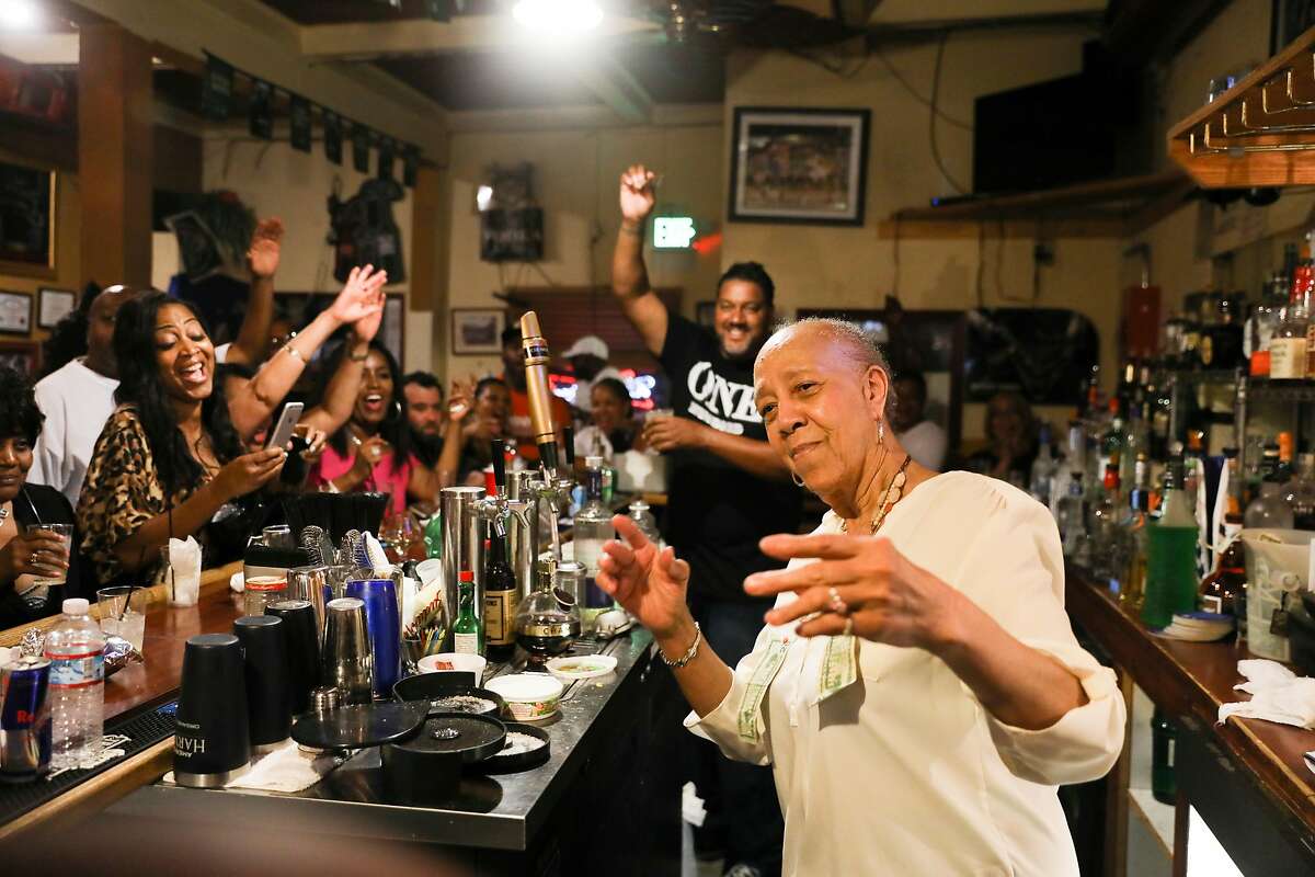 Cassie Nickelson, 80-year-old owner/chef of Scend's restaurant celebrating at her retirement party as seen in Emeryville, California on Saturday, July 22, 2017. Marshawn Lynch of the Oakland Raiders is planning to take over the restaurant sometime in the next month.