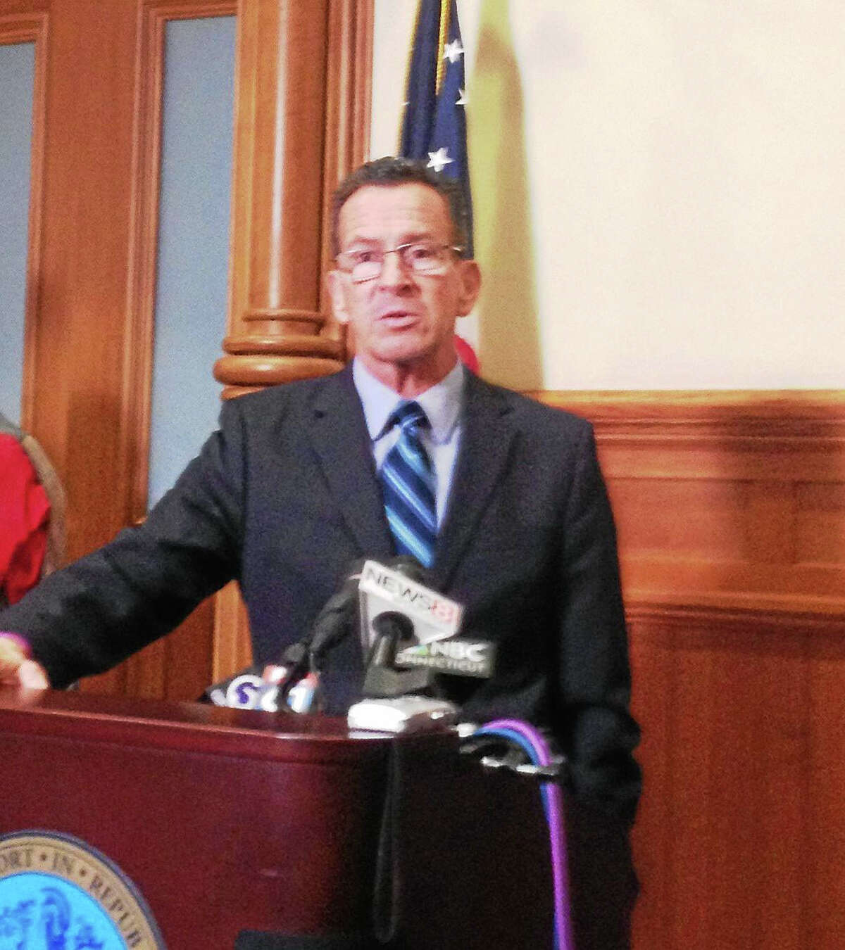Gov. Dannel P. Malloy, speaking in New Haven, said the U.S. has a moral obligation to take in Syrian families.