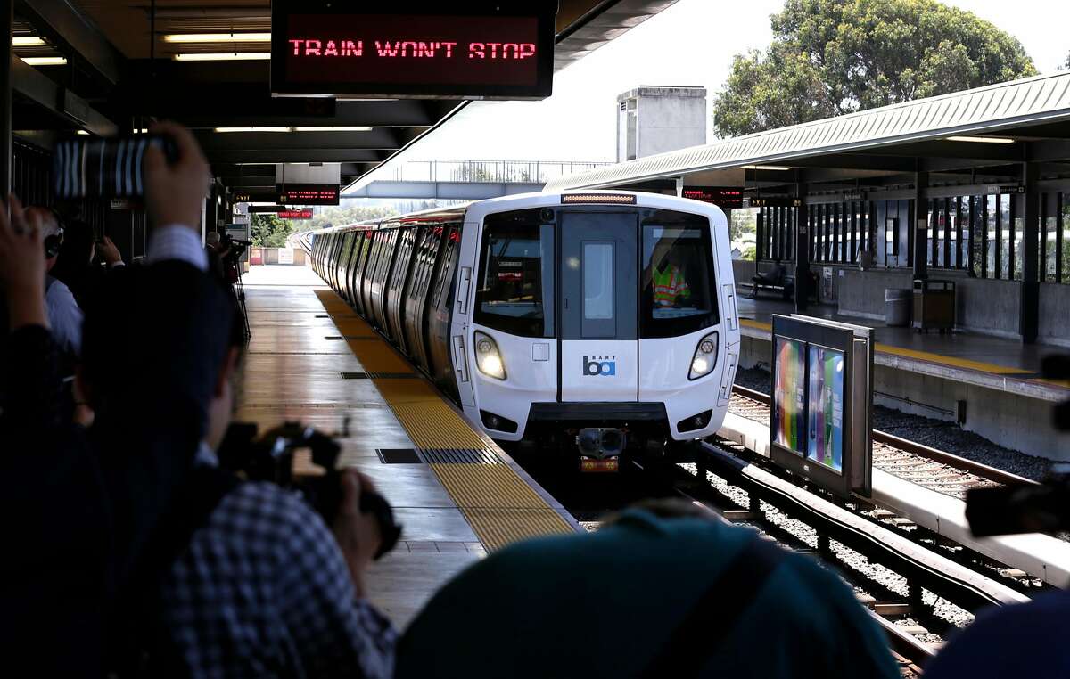 FILE-- BART shows off one of their new trains to the media at the South Hayward station as seen on Mon. July 23, 2017. BART officials are looking at overhauling their parking policies to allow prices that increase or decrease depending on demand and using license-plate readers to determine who’s paid for a space and who gets a citation.