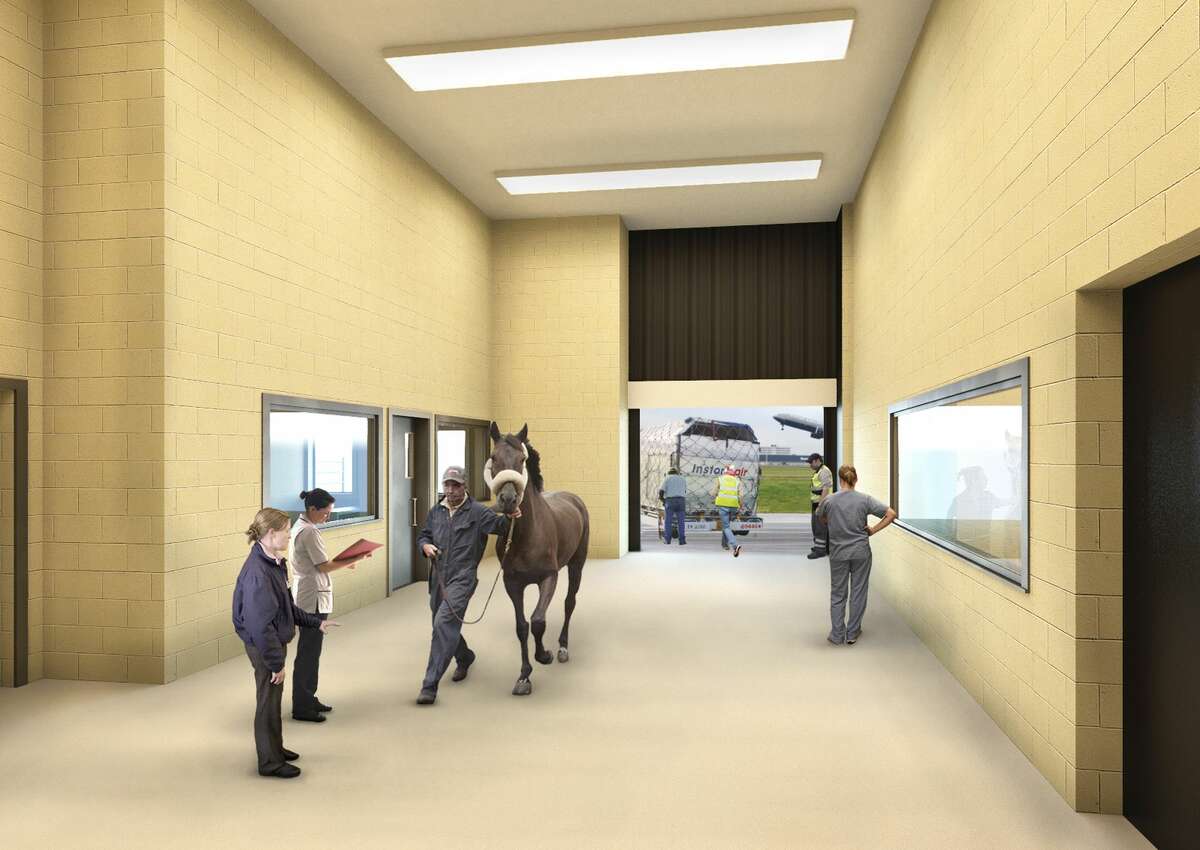 This undated artist rendering provided by Classic Communications courtesy of ARK Development depicts a horse being escorted into a planned new luxury terminal at New York’s John F. Kennedy International Airport. The privately owned ARK, as it’s called, will handle the more than 70,000 animals that pass through JFK each year, including dogs, cats, horses, cows, birds, sloths and aardvarks.