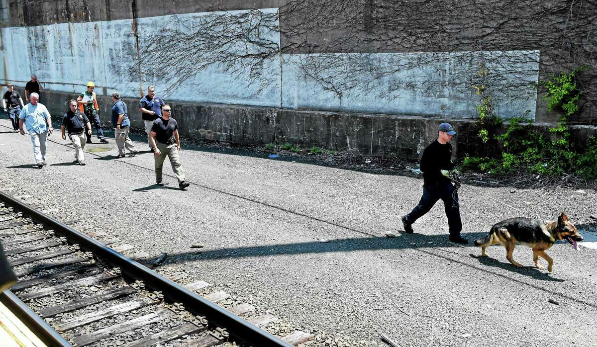 State police canine units complete a search around the State Street railroad station in New Haven Thursday afternoon, after two severed legs were discovered Wednesday and then, later in the evening, two arms were found in a plastic bag.