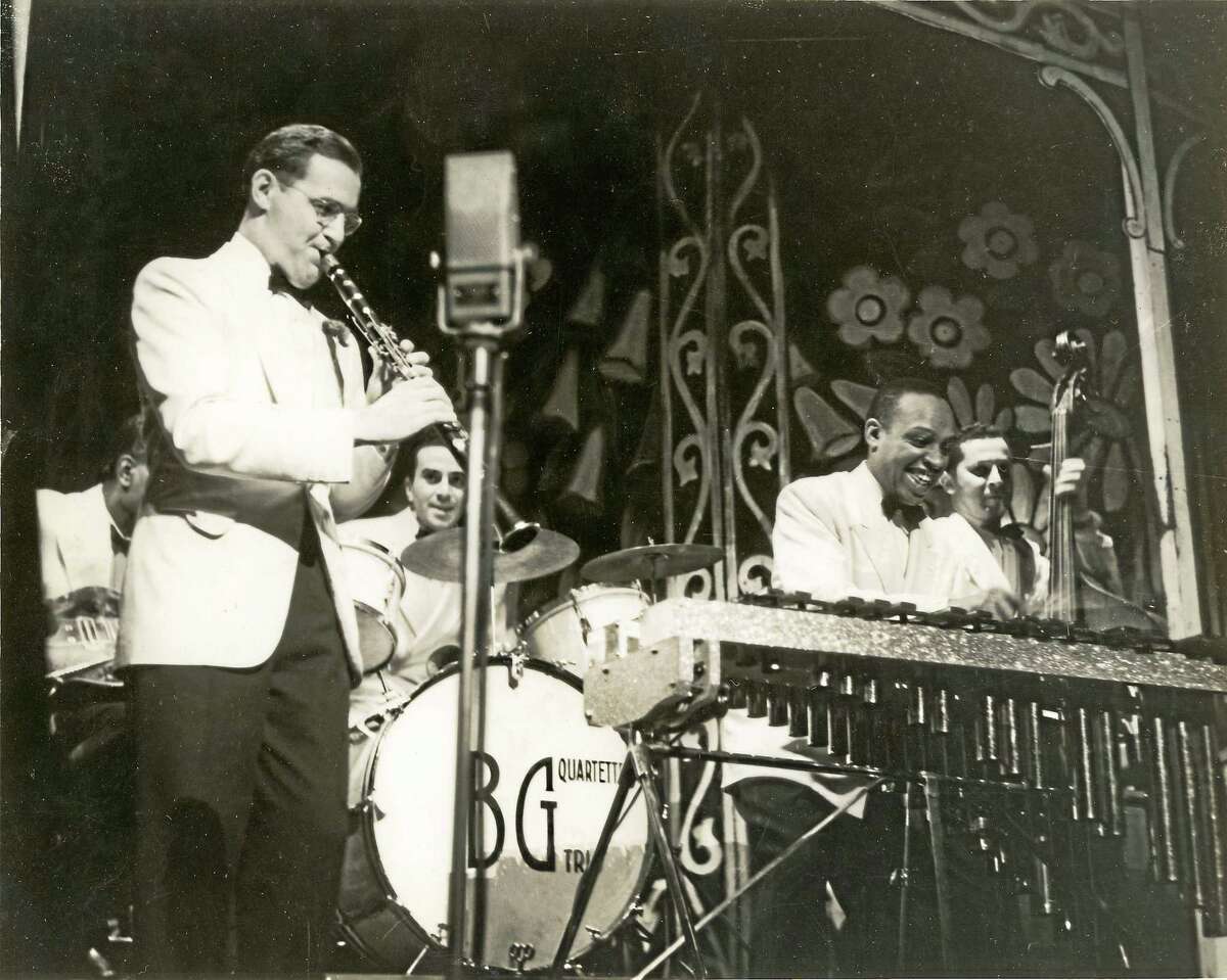 Benny Goodman, left, with Lionel Hampton, right front, and other band members in a photo from the collection at Yale.