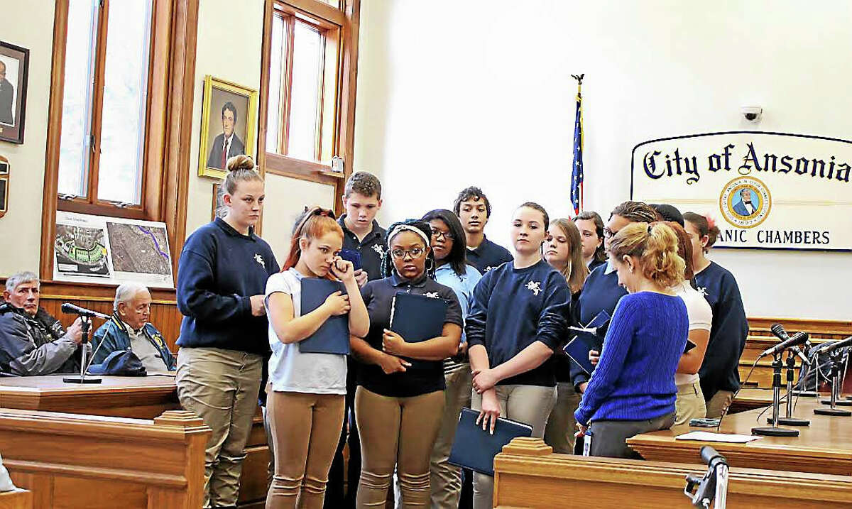 Members of the Ansonia High School Chorus were on hand for the city’s Veterans Day celebration Wednesday.