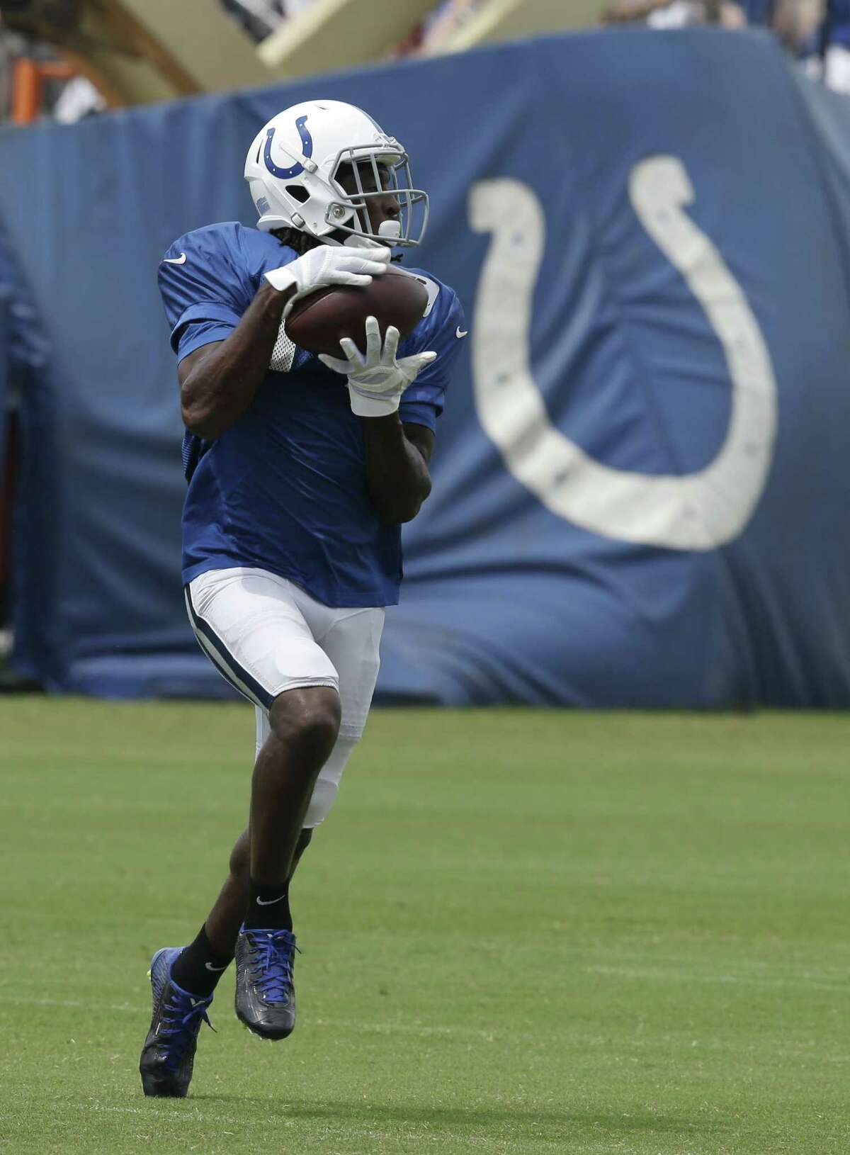 Indianapolis Colts wide receiver T.Y. Hilton makes a catch during training camp on Monday.