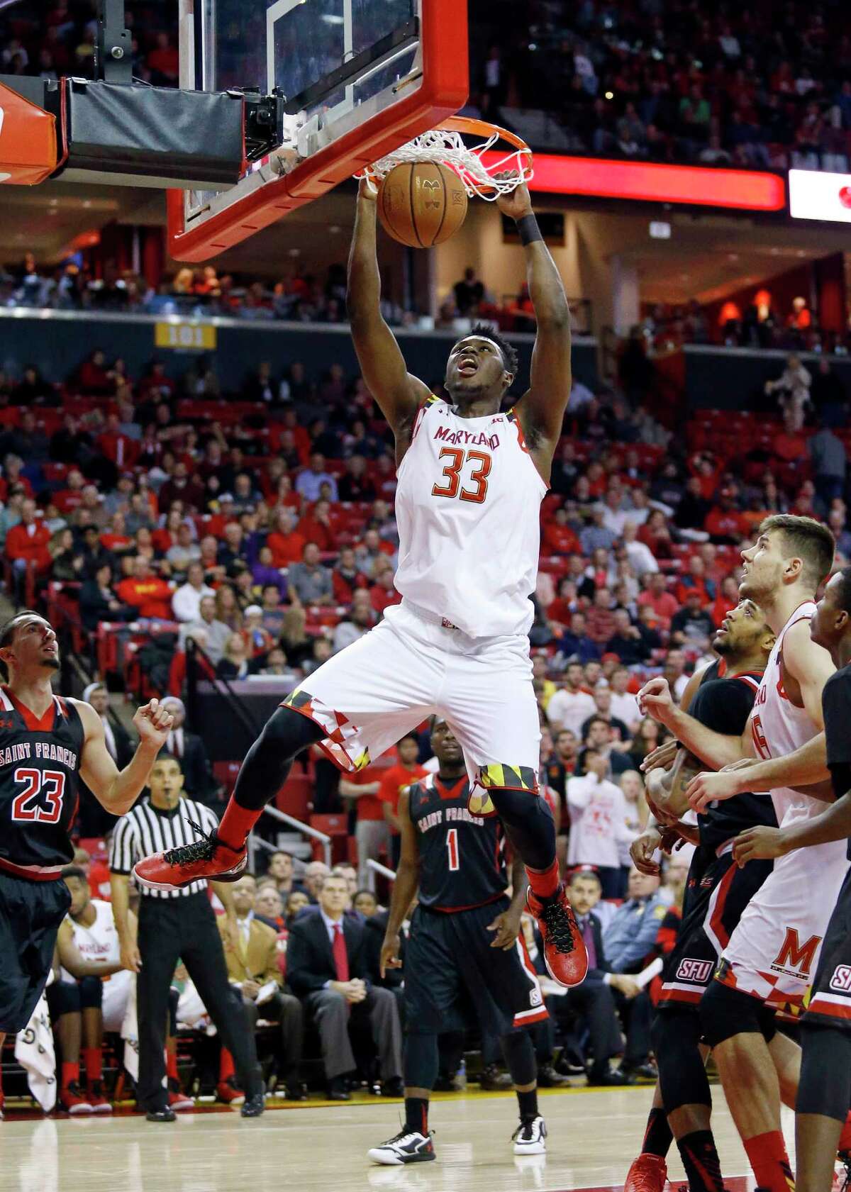 Maryland center Diamond Stone (33) dunks the ball during a game against St. Francis earlier this season.