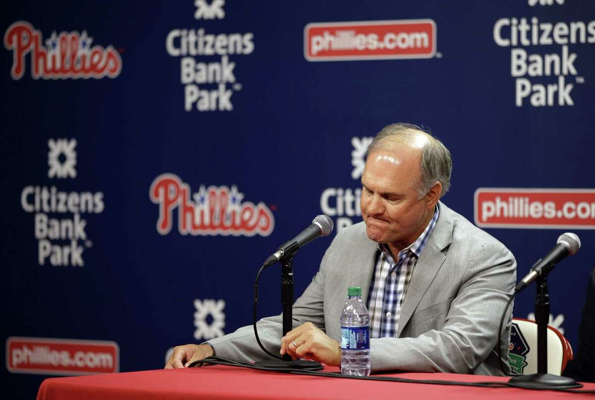 Phillies manager Ryne Sandberg pauses during a news conference where he announced his resignation Friday in Philadelphia.