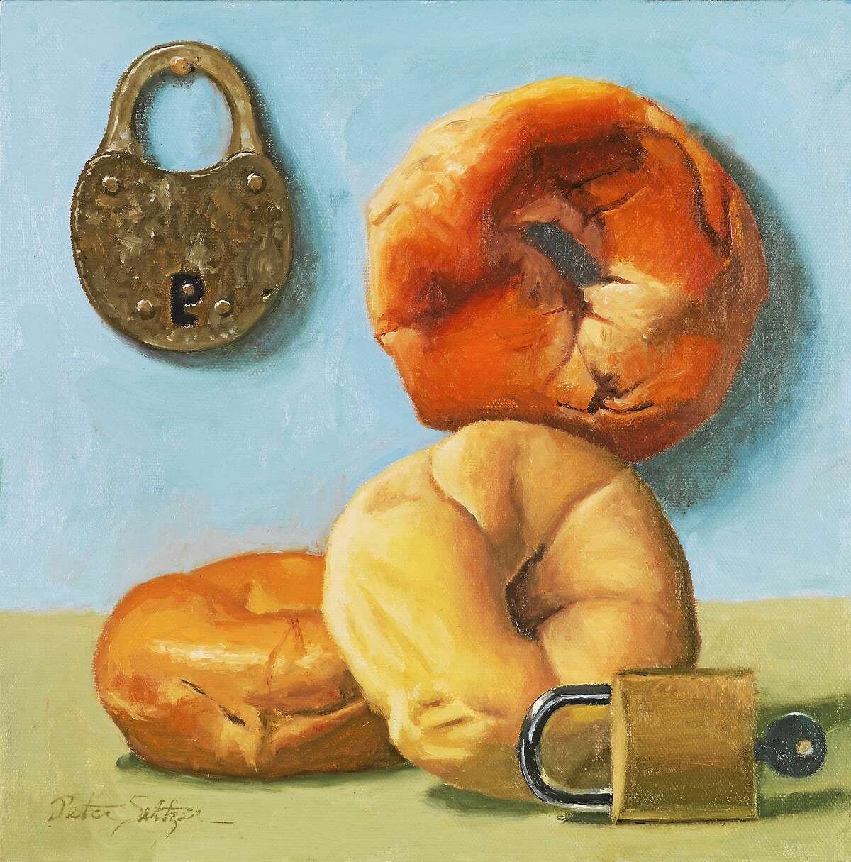 YOU GUESSED IT: Peter Seltzer’s “Bagels and Locks,” an oil on linen, is one of the paintings on display at Arts Center Killingworth’s new Spectrum Gallery and Artisans Store, 61 Main St. in Centerbrook. The exhibit, called “Food: the Good, the Bad and the Ugly,” opens with a reception Friday at the gallery in Centerbrook, where some 80 artists and artisans from Stamford to Hartford are participating.