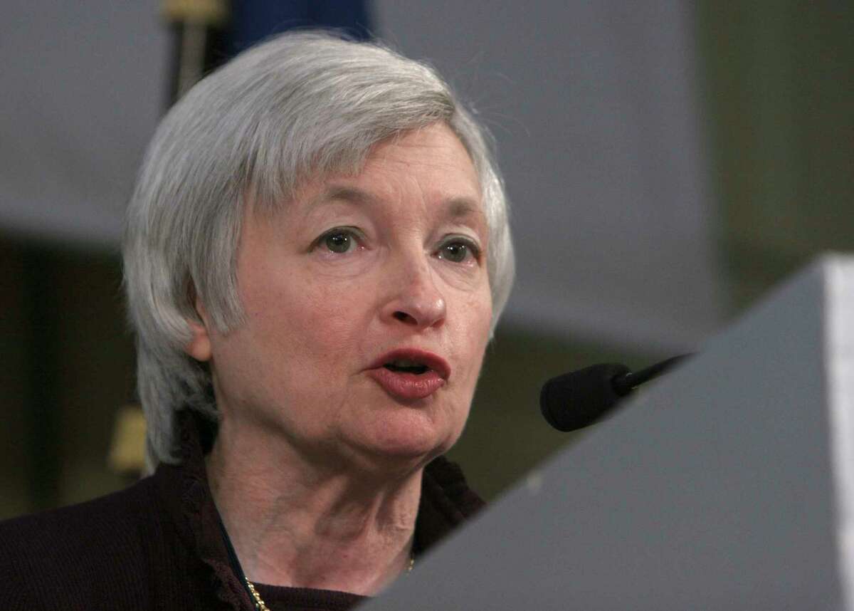 President of the Federal Reserve Bank of San Francisco Janet Yellen, delivers a speech at the International Symposium of the Banque de France, Friday, March 7, 2008 in Paris. The theme of the conference was globalisation, inflation and monetary policies. (AP Photo/Jacques Brinon)