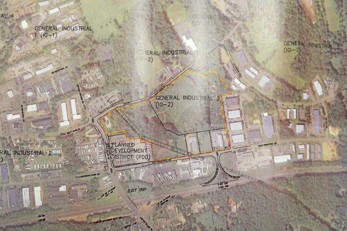 An overhead printout of the proposed area in Branford where wholesale giant Costco (highlighted in yellow) is hoping to build a 158,000-square-foot facility near Exit 56.
