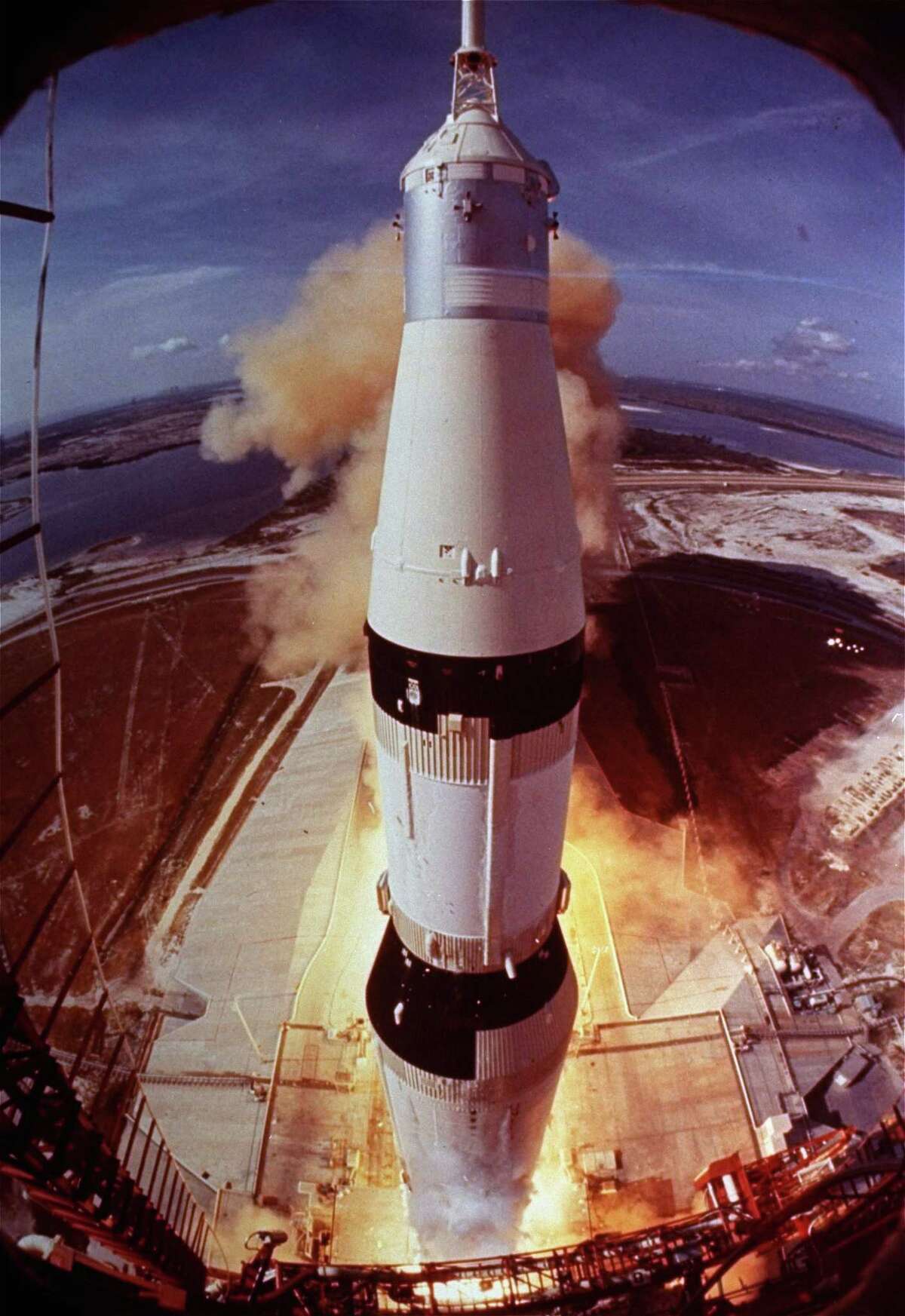 In this July 16, 1969, file photo, the Saturn V rocket that launched Neil Armstrong, Buzz Aldrin and Michael Collins on their Apollo 11 moon mission lifts off at Cape Kennedy, Fla.