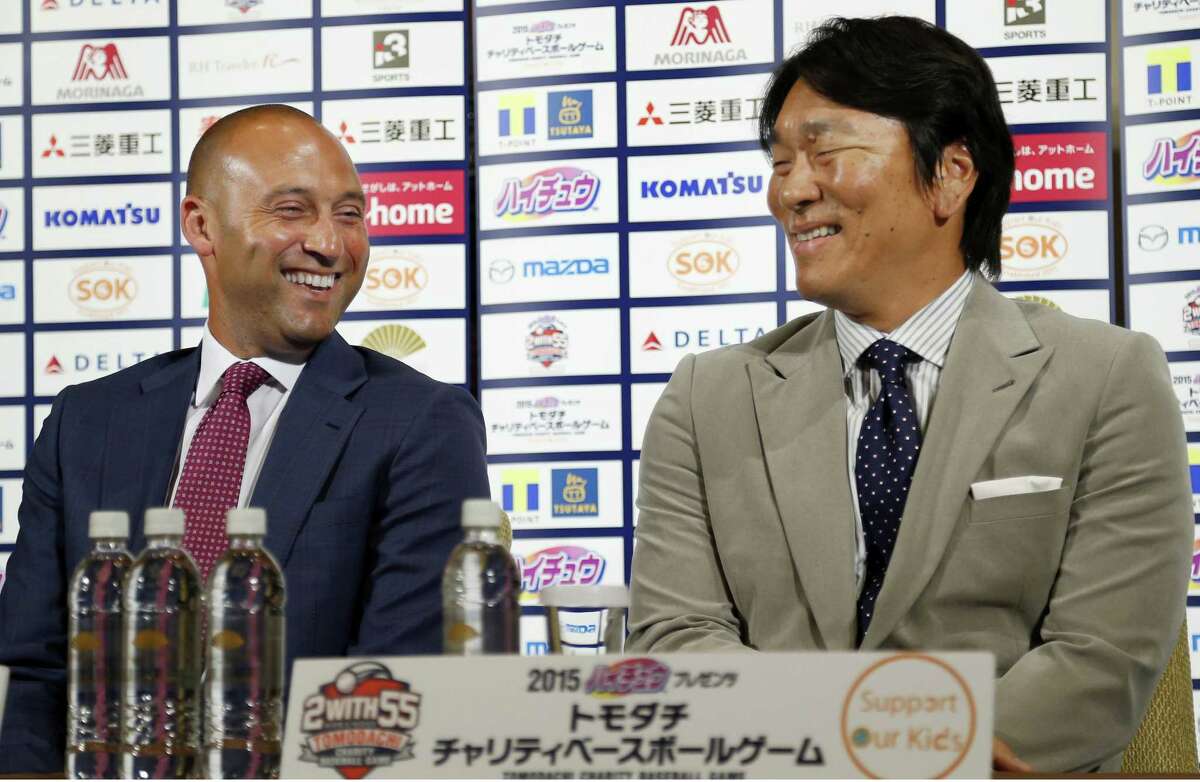 Former New York Yankees shortstop Derek Jeter, left, and outfielder Hideki Matsui are teaming up to support the survivors of the 2011 earthquake and tsunami with a charity game on Sunday at Tokyo Dome.
