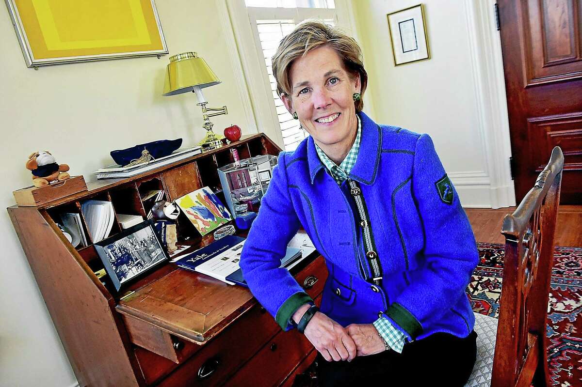 Vice President of Yale University, Linda Lorimer, sits at her desk which once belonged to Angelo Bartlett “Bart” Giamatti, president of Yale University and the seventh Commissioner of Major League Baseball. Lorimer is semi-retiring and will move to a part-time position.