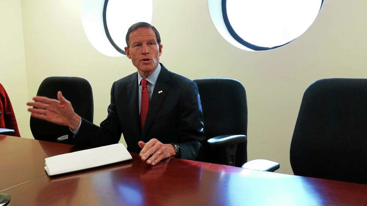U.S. Sen. Richard Blumenthal makes a point while meeting with the New Haven Register editorial board Friday.