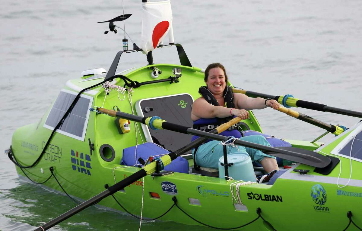 FILE - In this June 7, 2015, photo, American rower Sonya Baumstein rows a boat as she leaves Choshi Marina in Choshi, Japan, headed for San Francisco. Baumstein was rescued off the Japanese coast on Saturday, June 13, 2015, after sending out a distress signal, Kyodo news agency reported on Sunday. The 30-year-old Baumstein was hoping to become the first woman to row solo across the Pacific.(AP Photo/Shizuo Kambayashi, File)