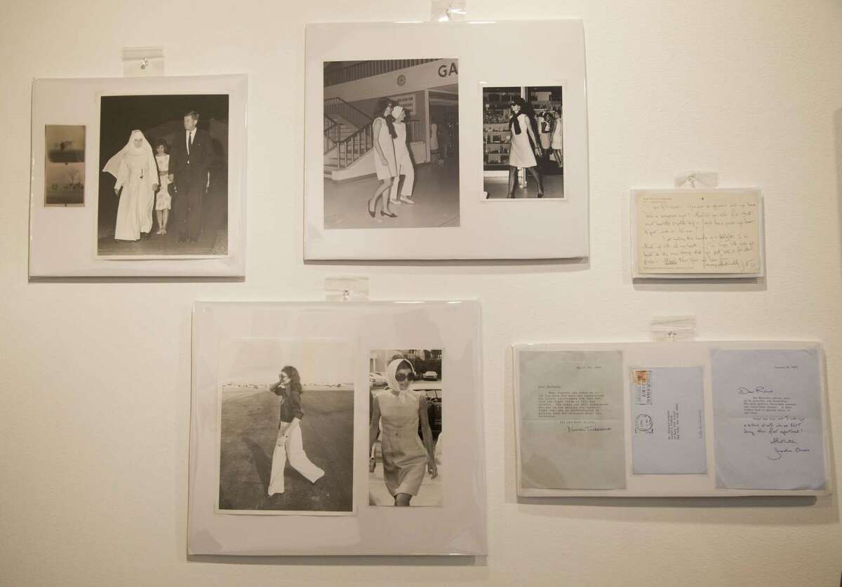 In this Wednesday, Jan. 7, 2015 photo, groups of photos of Jacqueline Kennedy Onassis by Bob Davidoff, who spent decades as the Kennedy familyís photographer in Palm Beach, and other personal correspondence written by Kennedy Onassis appear on display before they are auctioned off in West Palm Beach, Fla. The auction will include a few dozen pieces including handwritten notes that were sent throughout the 1980s and early 1990s to interior designer Richard Keith Langham and Bill Hamilton, who at the time was the design director at Carolina Herrera. (AP Photo/Wilfredo Lee)