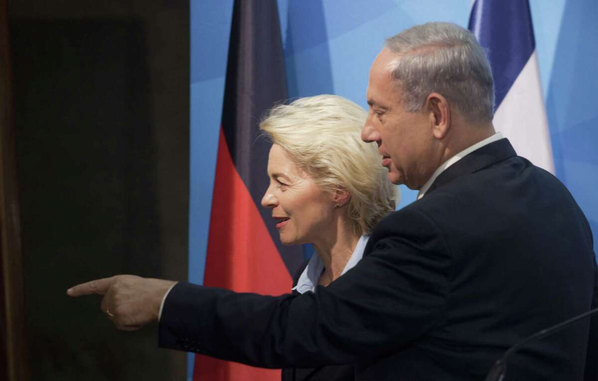 Israeli Prime Minister Benjamin Netanyahu, right, and German Minister of Defense Ursula von der Leyen, speak during their meeting, in Jerusalem on May 12.
