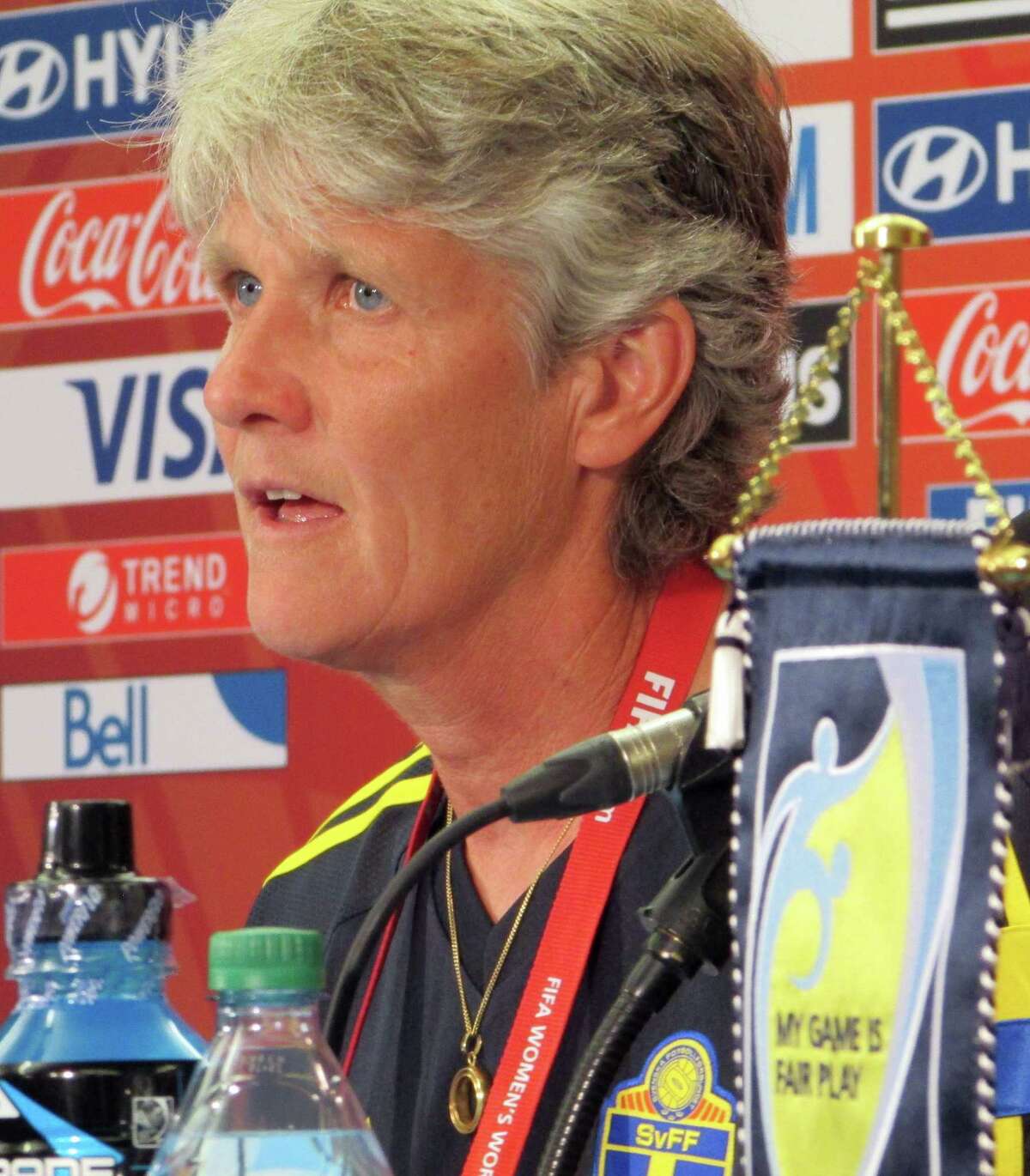 Sweden coach Pia Sundhage speaks during a news conference at the FIFA Women’s World Cup on Thursday in Winnipeg, Manitoba. Sundhage will coach against her old team, the United States, when they play in a first-round match.