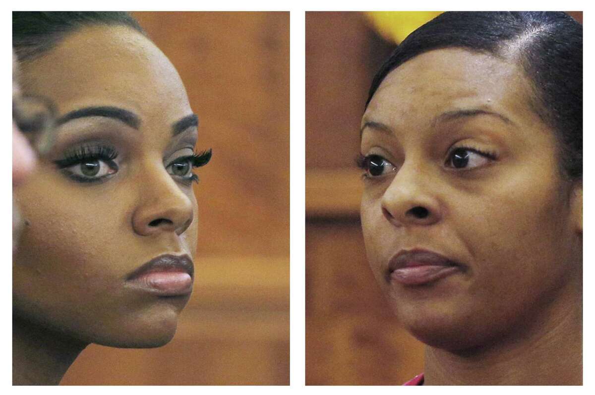 In this combo of file photos, Shayanna Jenkins, left, fiancee of former NFL football player Aaron Hernandez, listens to her sister Shaneah Jenkins, right, testify during Hernandez’s murder trial at Bristol County Superior Court in Fall River, Mass.
