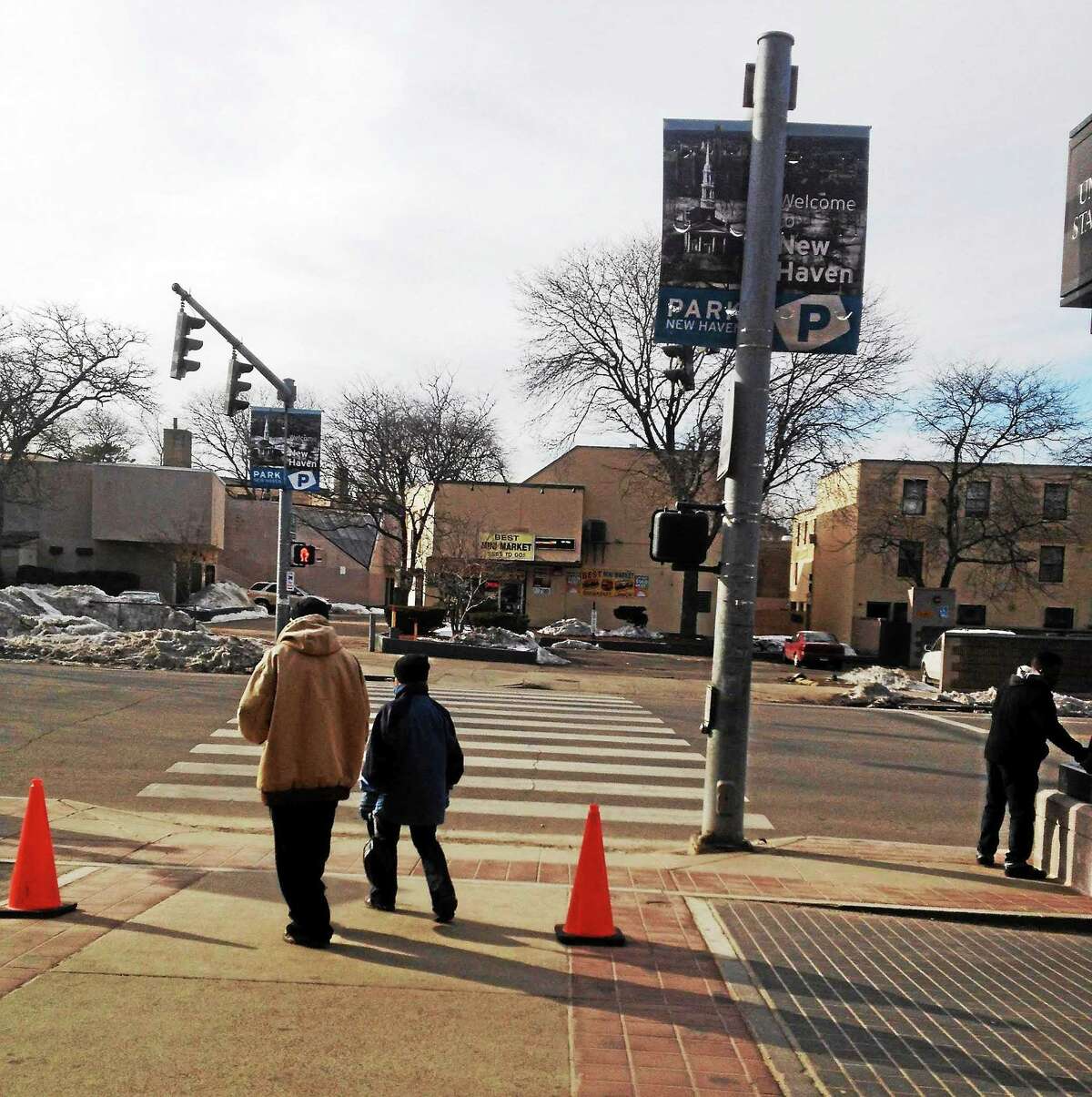 The crosswalk in front of Union Station in New Haven.