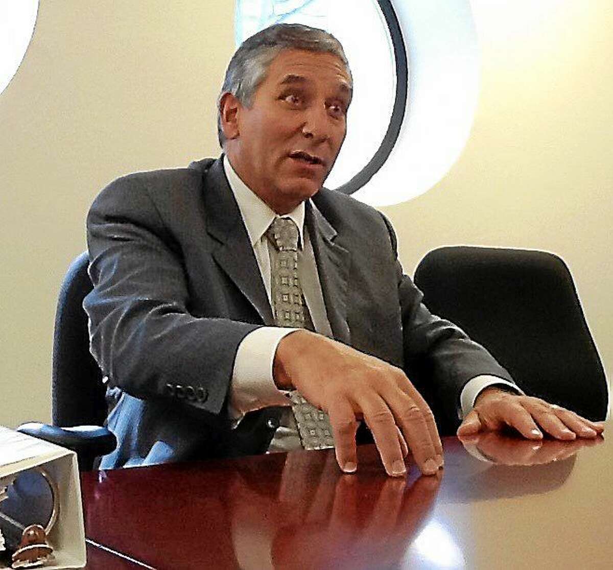 State Senate Minority Leader Len Fasano makes a point while speaking to the New Haven Register Editorial Board