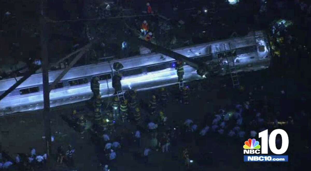 This photo provided by WCAU NBC10 shows an Amtrak train that crashed Tuesday, May 12, 2015, in Philadelphia. Train 188 was traveling from Washington to New York City.