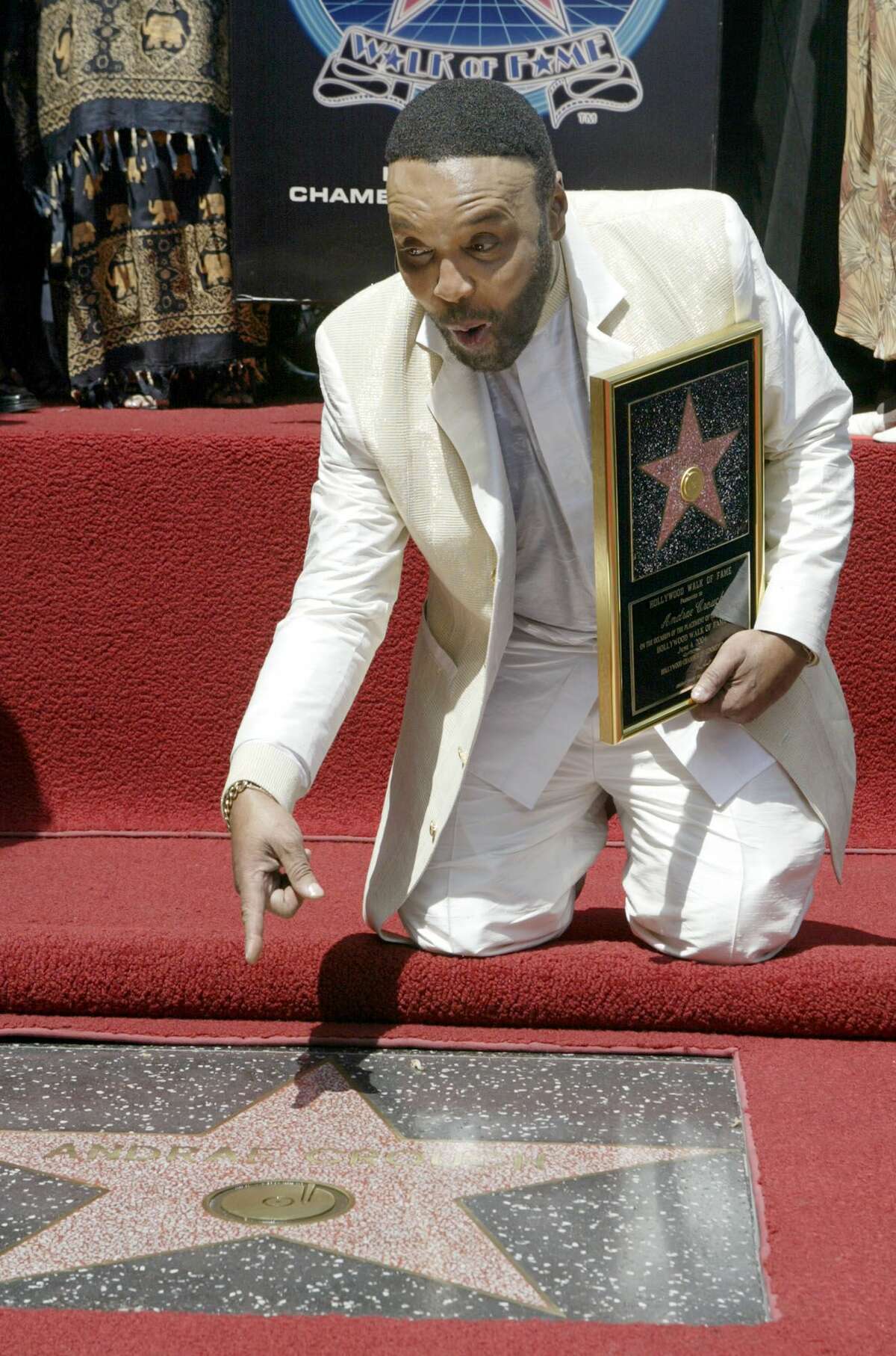 FILE - In this June 4, 2004 file photo, Grammy-winning gospel singer Andrae Crouch poses for a photo at a ceremony honoring him with the 2,256nd star on the Hollywood Walk of Fame in Los Angeles. Crouch, a legendary gospel performer, songwriter and choir director whose work graced songs by Michael Jackson and Madonna and movies such as ìThe Lion King,î has died at age 72. His publicist says Crouch died Thursday, Jan. 8, 2015, at a hospital in Los Angeles, where he was admitted Saturday after suffering a heart attack. (AP Photo/Nick Ut, File)