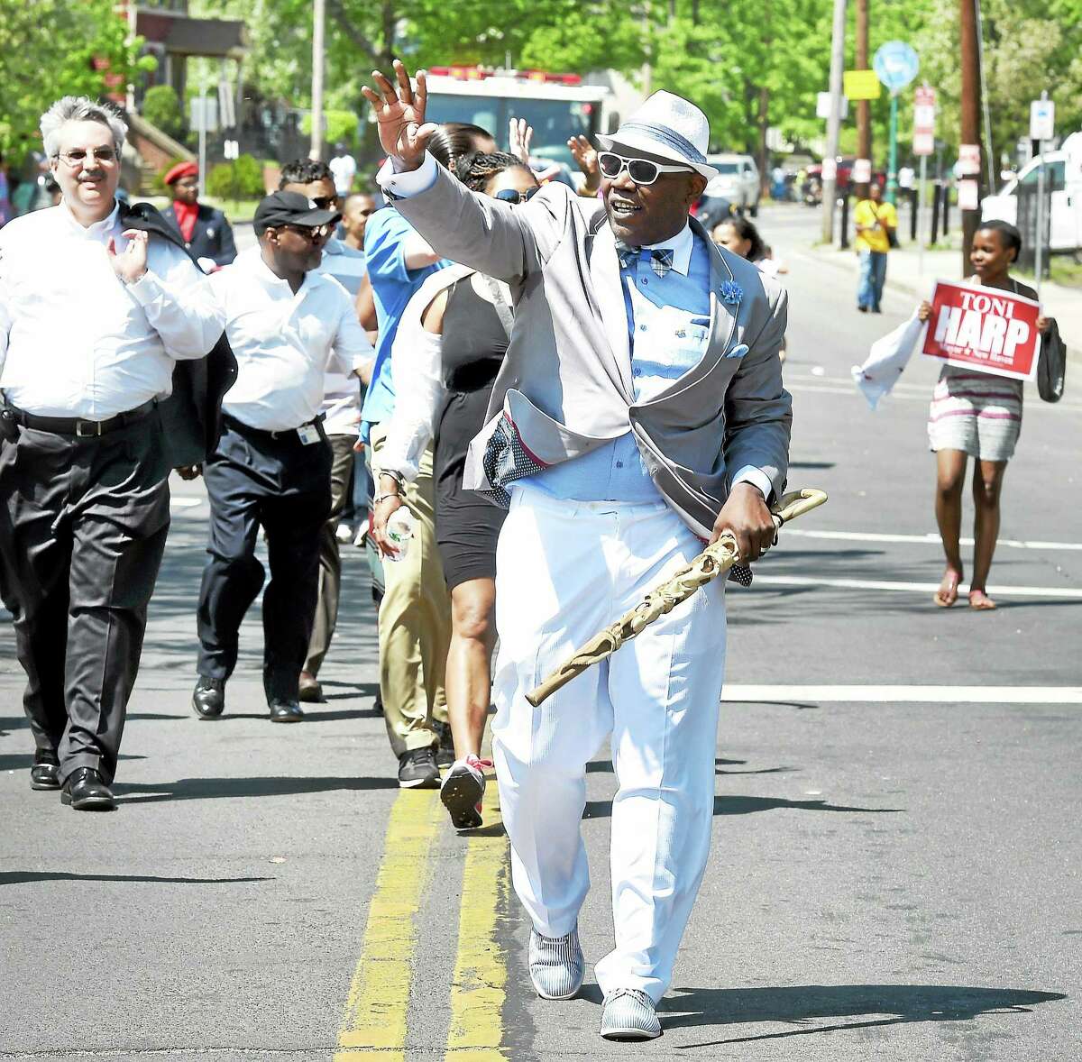 (Arnold Gold-New Haven Register) Grand Marshal Al Lucas leads the 53rd Annual Freddie Fixer Parade Sunday.