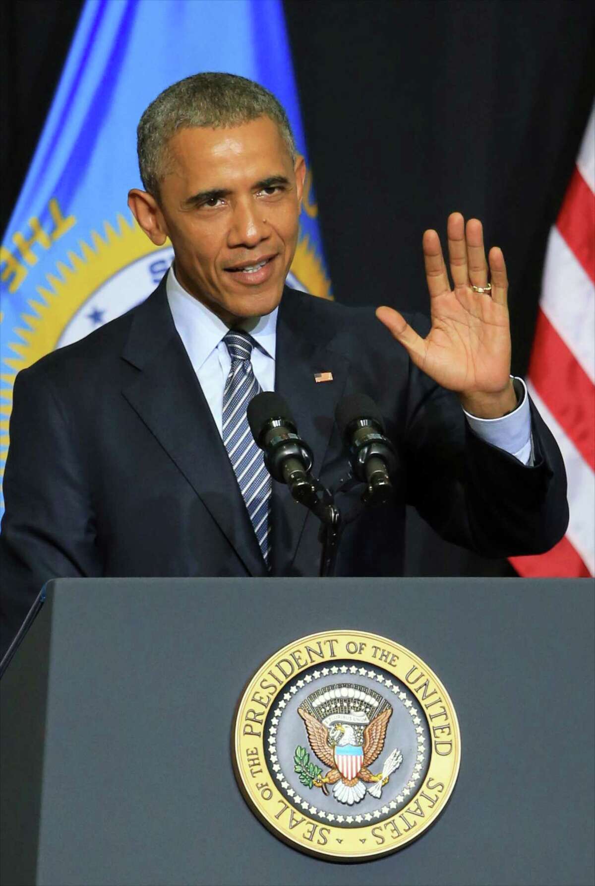 President Barack Obama delivers the commencement address to the 2015 graduating class of Lake Area Technical Institute, in Watertown, S.D. on May 8, 2015.