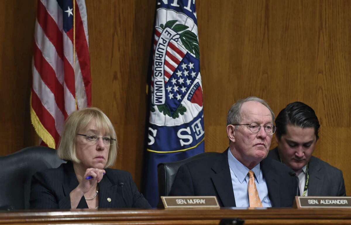 In this Jan. 21, 2015 photo, Senate Health, Education, Labor and Pensions Committee Chairman Sen. Lamar Alexander, R-Tenn., sitting next to ranking member Sen. Patty Murray, D-Wash., listen to testimony during a hearing looking at ways to fix the No Child Left Behind law during a hearing on Capitol Hill in Washington.