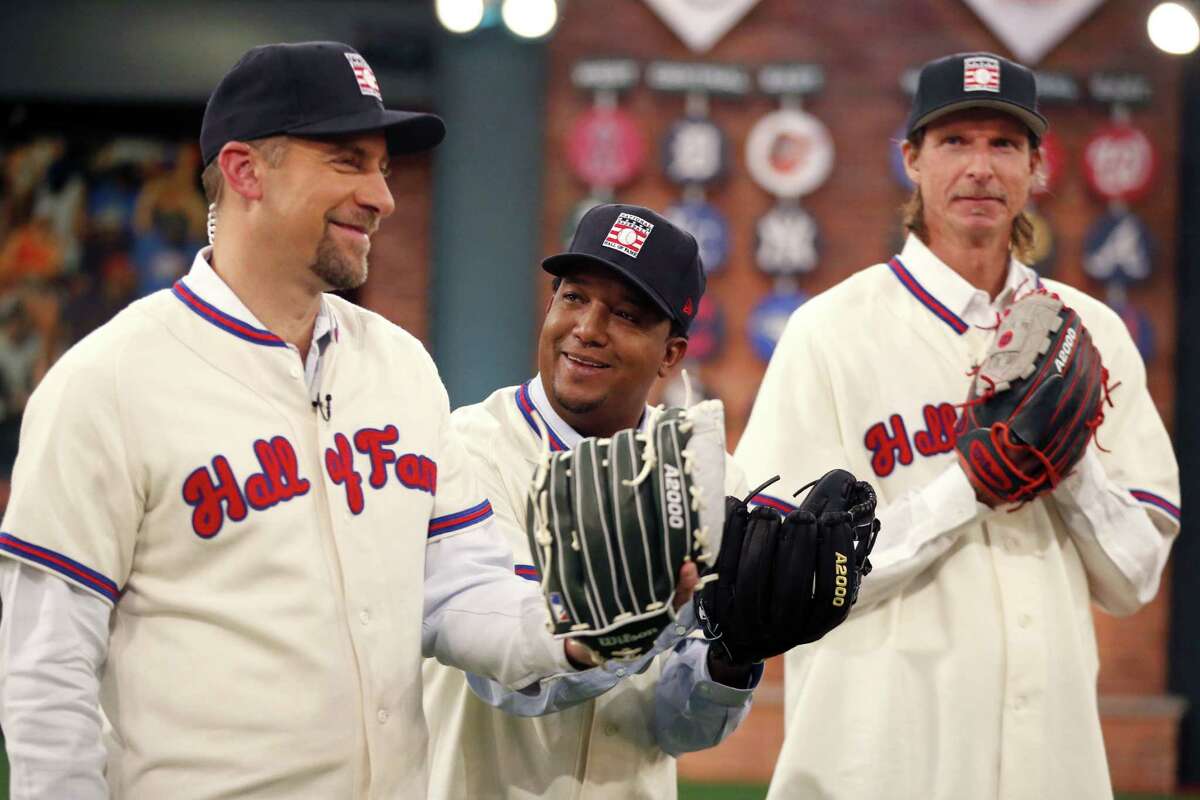 National Baseball Hall of Fame inductees, from left, John Smoltz, Pedro Martinez and Randy Johnson tape a show at MLB Network’s Studio 42 following a Wednesday press conference in Secaucus, N.J.
