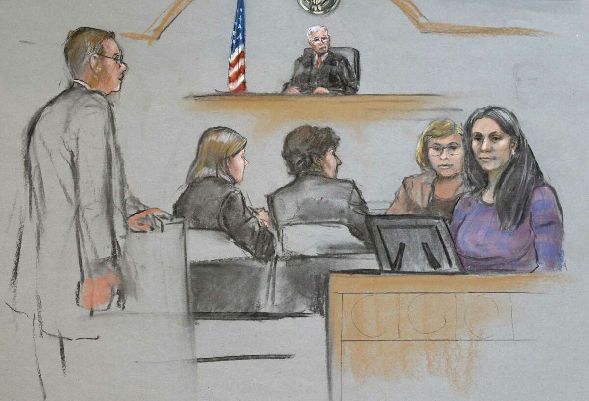 In this courtroom sketch, Raisat Suleimanova, right, is depicted testifying alongside an interpreter during the penalty phase in the trial of her cousin Dzhokhar Tsarnaev, center, Monday, May 4, 2015, in federal court in Boston. Tsarnaev was convicted of the Boston Marathon bombings that killed three and injured 260 people in April 2013.