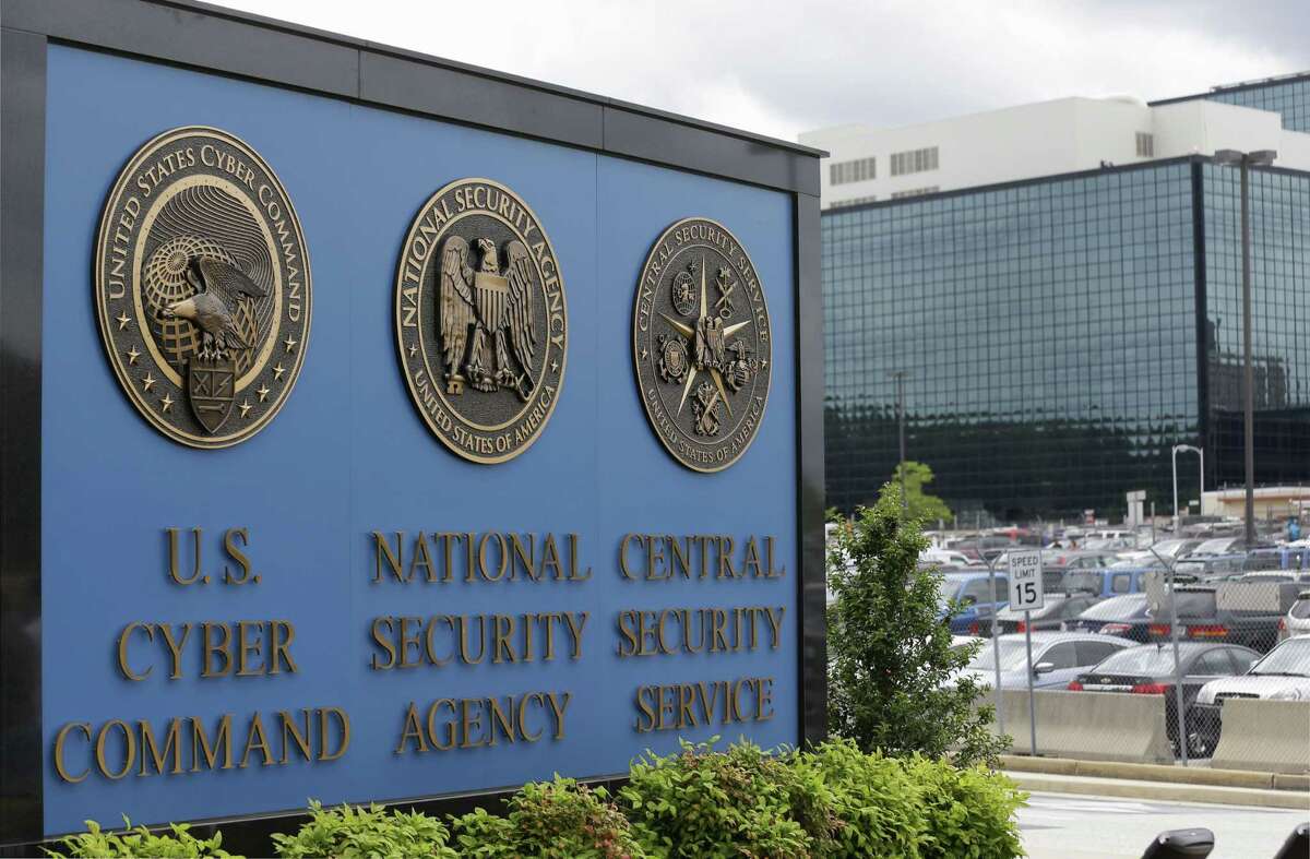 A sign stands outside the National Security Agency (NSA) campus in Fort Meade, Md.