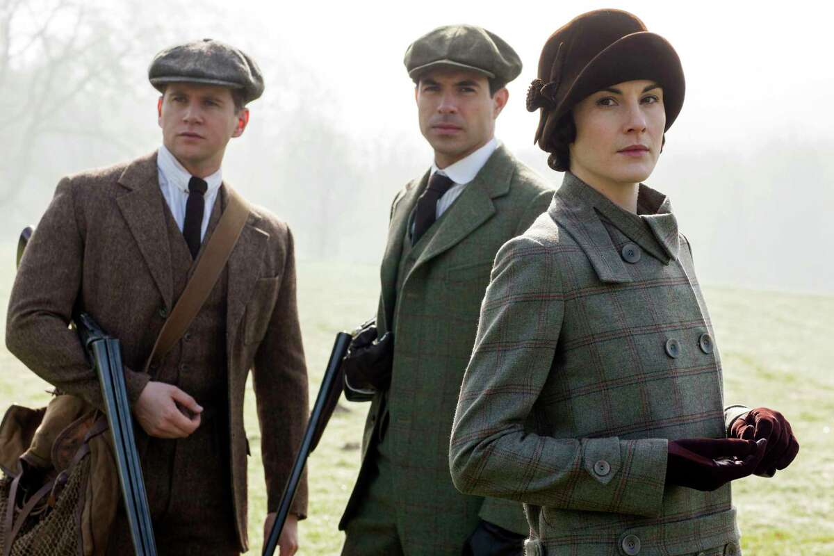Allen Leech as Tom Branson, left, Tom Cullen as Lord Gillingham and Michelle Dockery as Lady Mary.