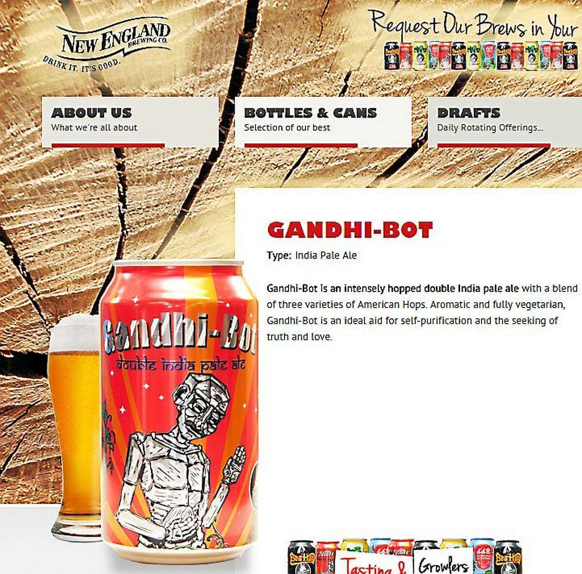 A screenshot of the New England Brewing Company's website shows the Gandhi-Bot label.