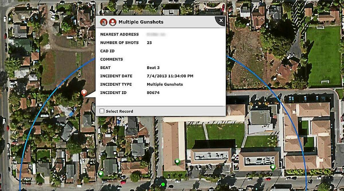 A close-up screenshot of the ShotSpotter Briefing Room analysis portal, showing an aerial map, gunfire incident locations, and an incident detail bubble.