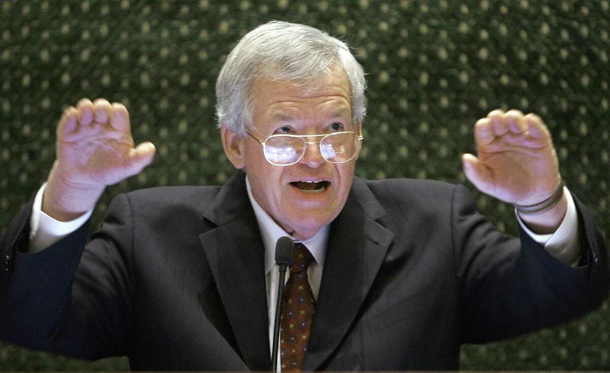 FILE - In this March 5, 2008, file photo, former U.S. House Speaker Dennis Hastert speaks to lawmakers on the Illinois House of Representatives floor at the state Capitol in Springfield, Ill. Former colleagues of Hastert say allegations of sexual abuse by the one-time House speaker clash with a reason Republicans made him leader, his squeaky-clean reputation