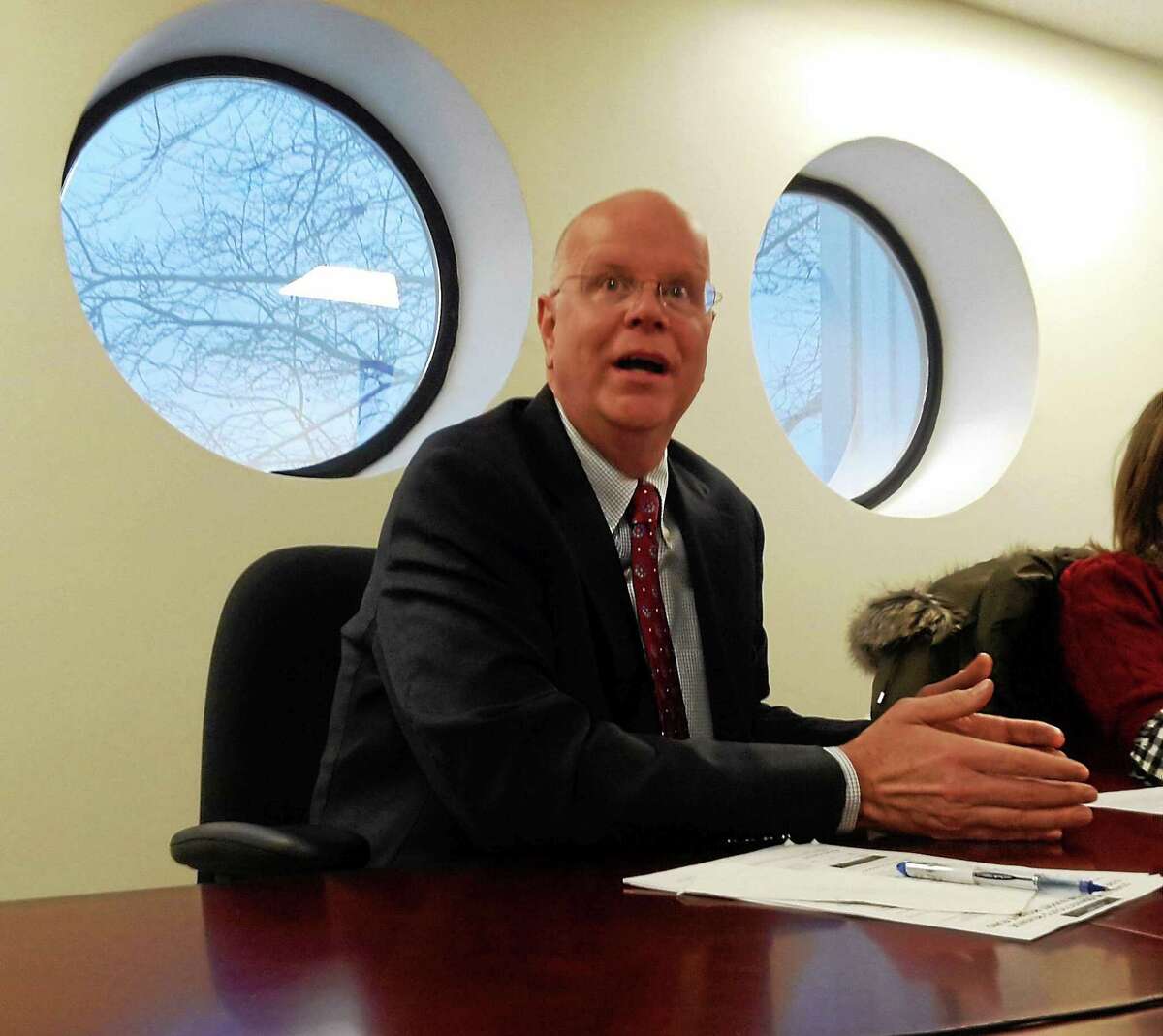 Connecticut Comptroller Kevin Lembo makes a point during an editorial board meeting in February at the New Haven Register.