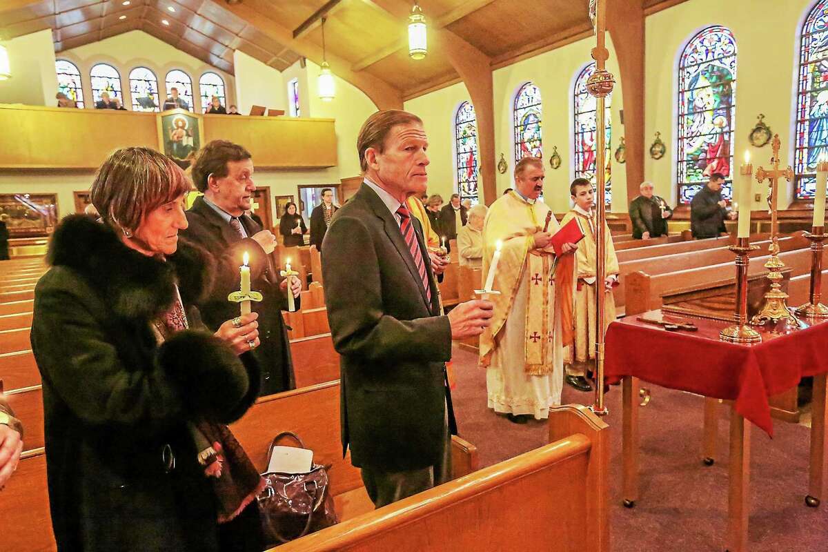 U.S. Rep. Rosa DeLauro and Sen. Richard Blumenthal attend the Memorial service at St Michael’s Ukrainian Church in New Haven Sunday. The Service commemorates the 1st anniversary of the killing of 100 Ukrainians at Independence Square in Kiev.