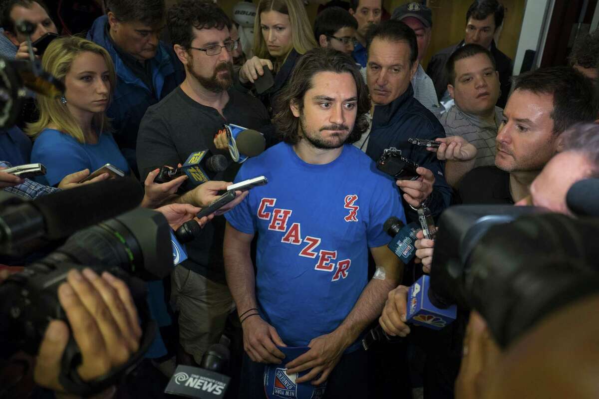 The Rangers’ Mats Zuccarello speaks in the locker room at the team’s Westchester training facility in Greenburgh, N.Y., on Monday.