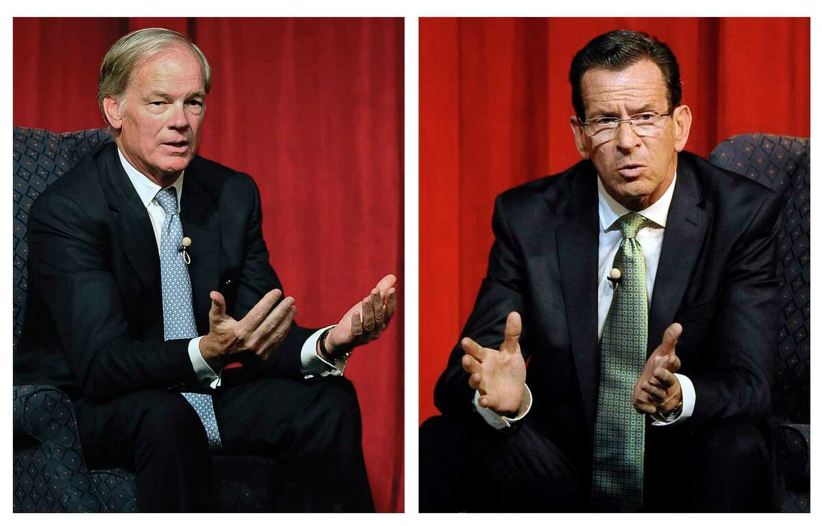 FILE - In these Aug. 27, 2014 file photos, Republican candidate for governor Tom Foley, left, and incumbent Democrat Gov. Dannel P. Malloy, right, deliver their closing remarks at the conclusion of a debate in Norwich, Conn.