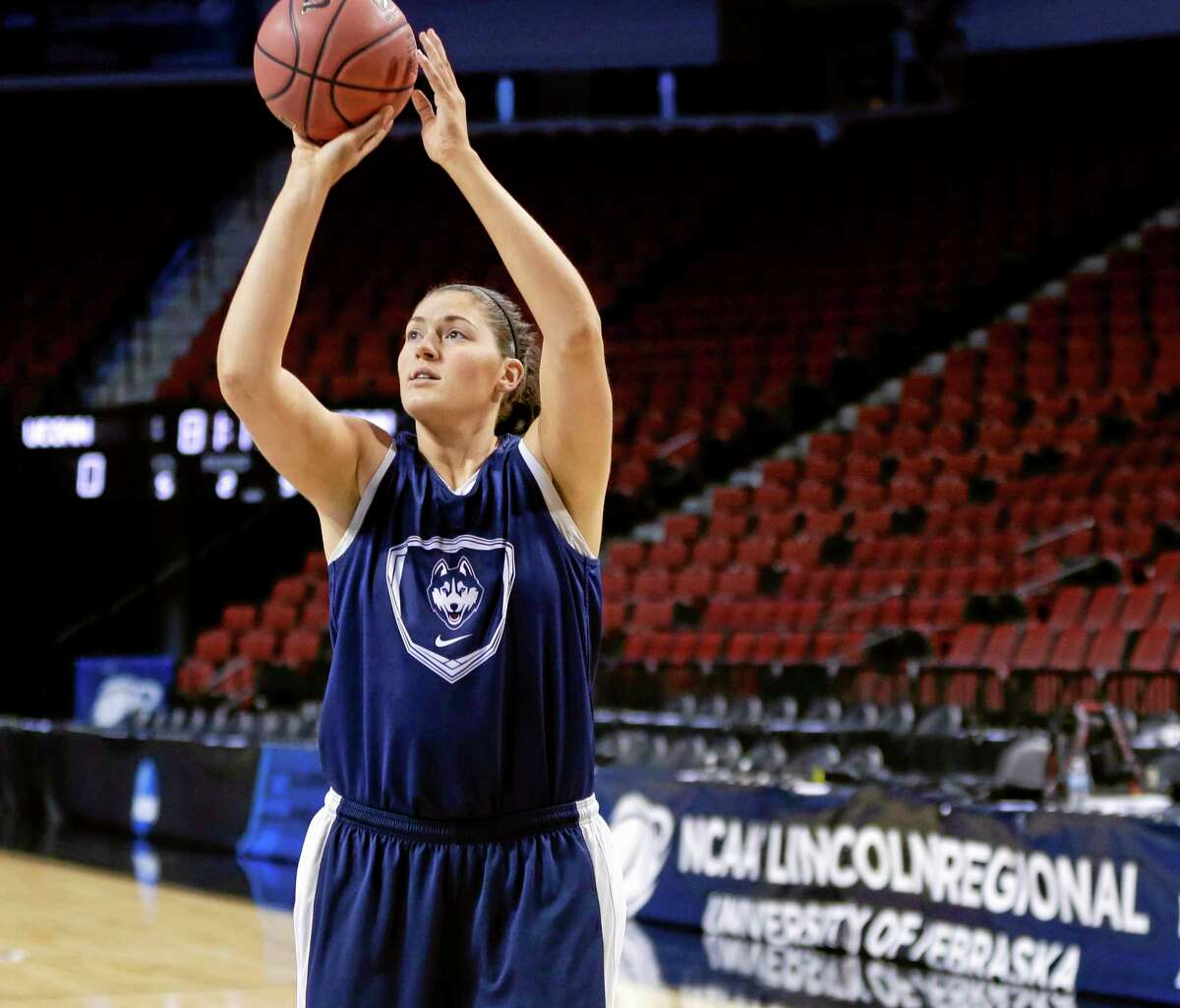 UConn’s Stefanie Dolson shoots during practice in Lincoln, Neb., for Saturday’s game against BYU.