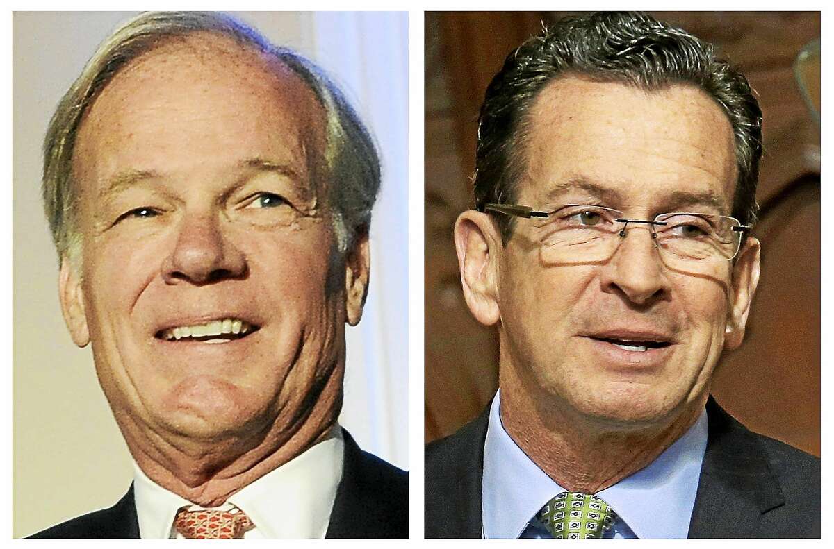 At left: Republican challenger Tom Foley; at right: Connecticut Gov. Dannel P. Malloy.