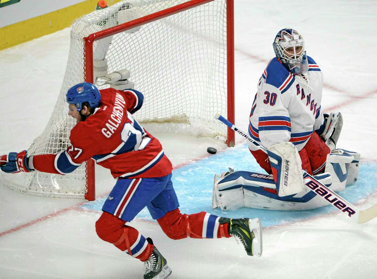 Montreal’sAlex Galchenyuk celebrates after scoring on New York Rangers goalie Henrik Lundqvist during the first period of Game 5 of the Eastern Conference finals, Tuesday. The Canadiens won 7-4.