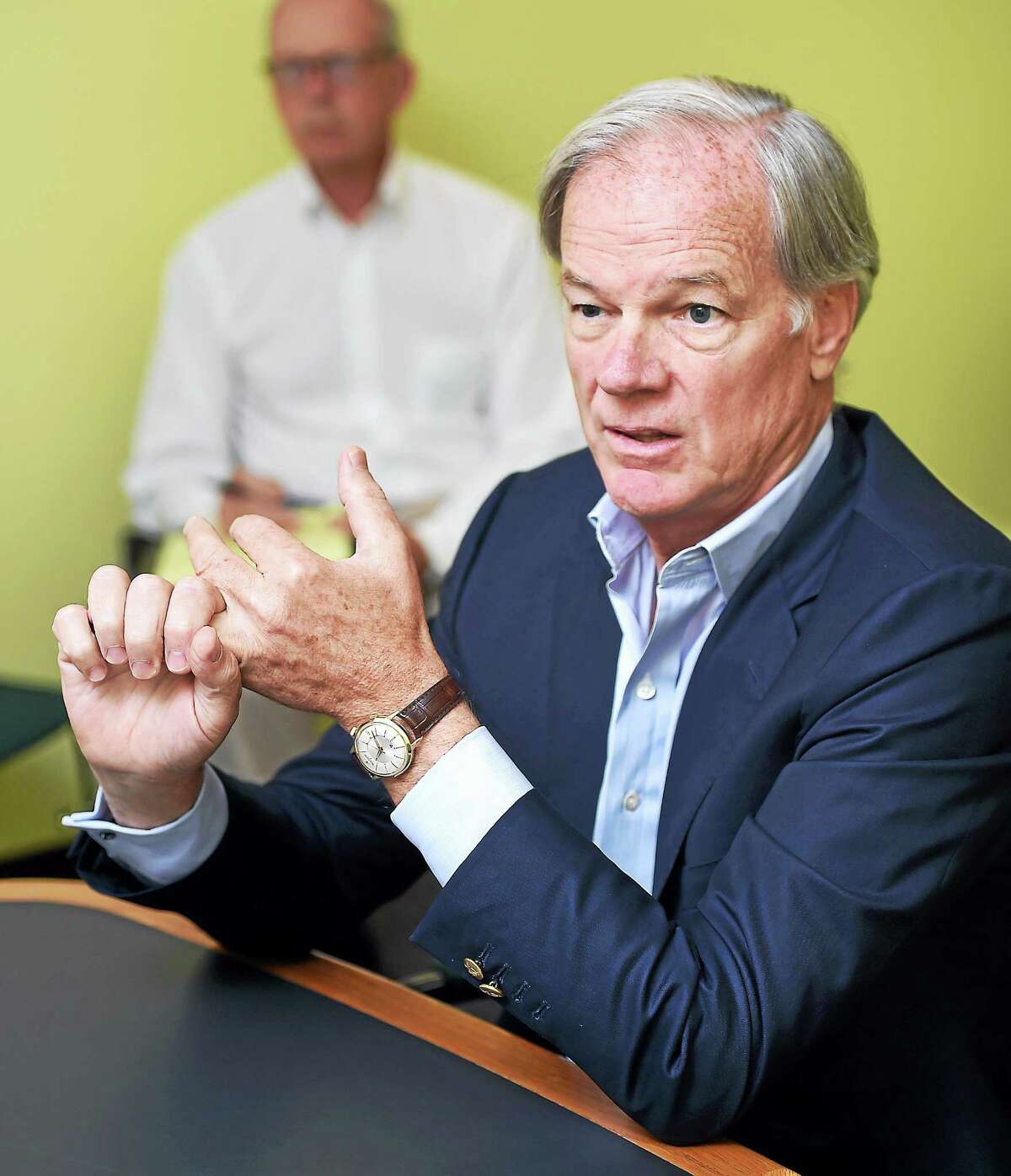 Republican gubernatorial candidate Tom Foley speaks with the Editorial Board of the New Haven Register in New Haven on September 4, 2014.