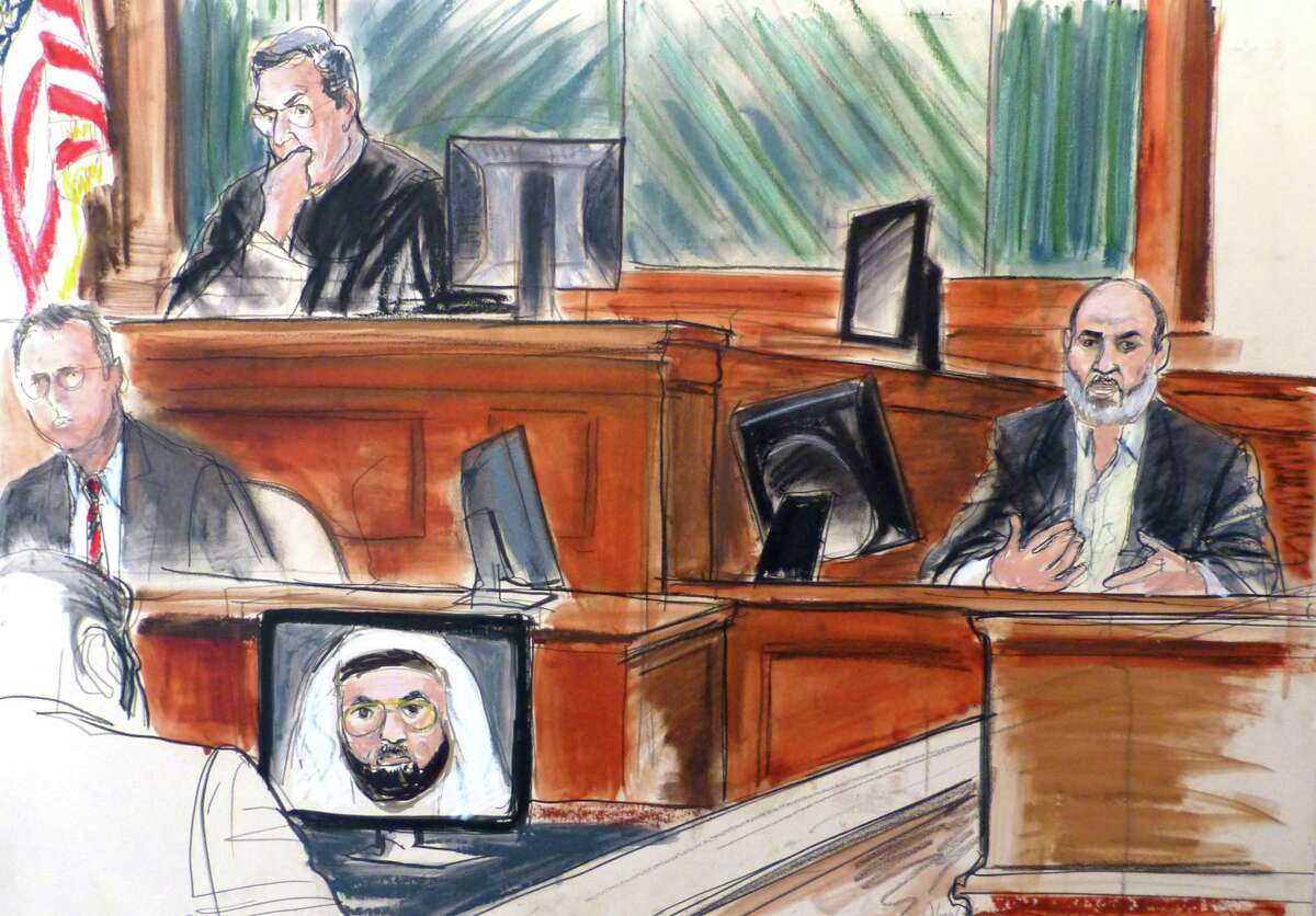 FILE - In this Wednesday, March 19, 2014 courtroom sketch Osama bin Laden's son-in-law, Sulaiman Abu Ghaith, right, testifies at his trial in New York, on charges he conspired to kill Americans and aid al-Qaida as a spokesman for the terrorist group. Abu Ghaith, who was convicted in March, is due in court on Tuesday Sept. 22, 2014, to face a possible life sentence for his role as the spokesman for al-Qaida following the Sept. 11, 2001 terror attacks. (AP Photo/Elizabeth Williams, File)