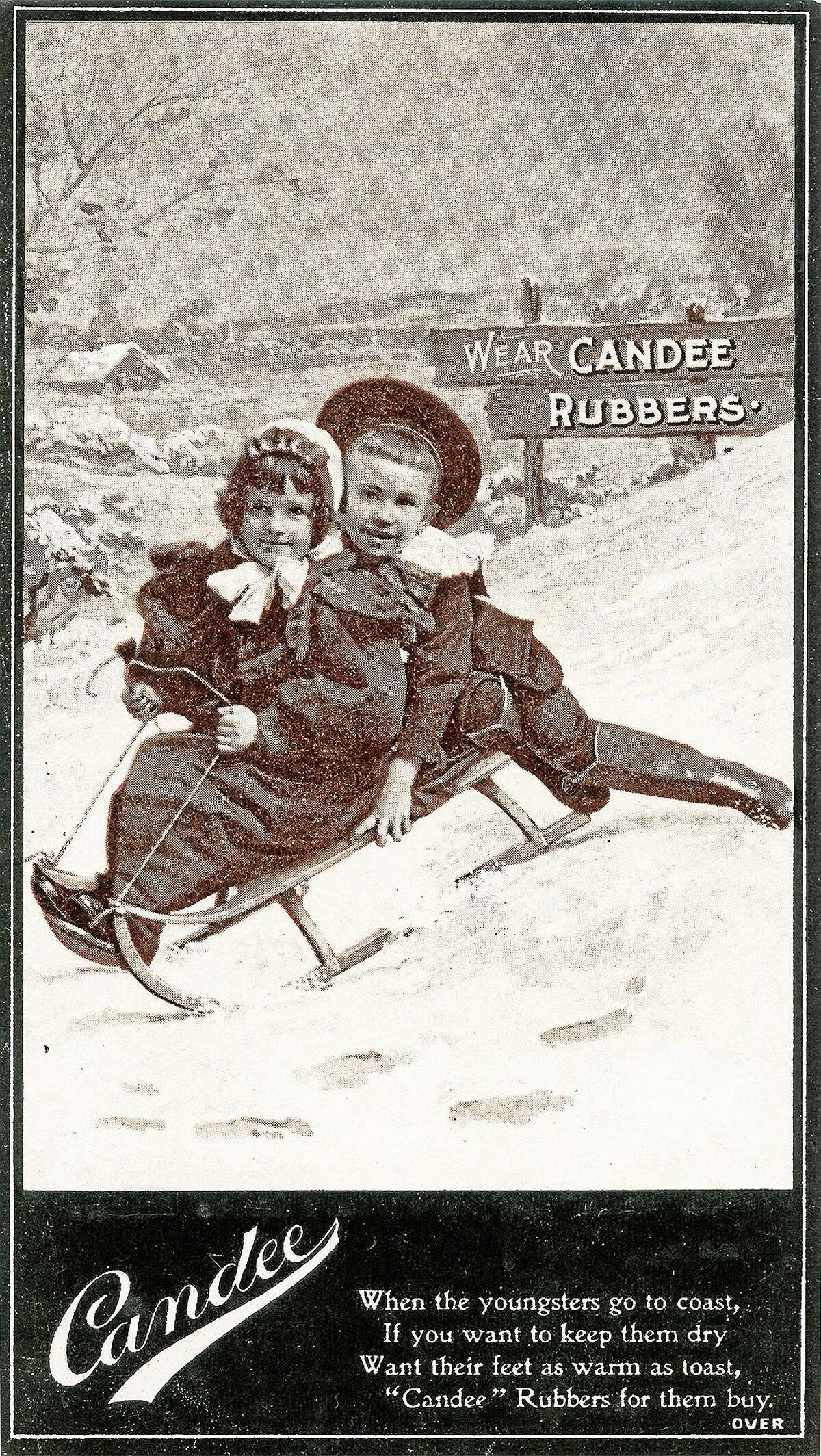 Trade card for the Candee Rubber Company. At its height, this company made nine million pairs of rubber shoes annually. Photograph, 1896 (Collection of the New Haven Museum)